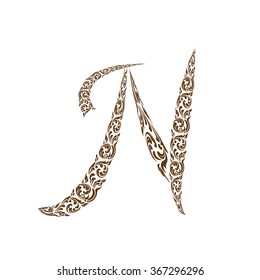 Abstract vector alphabet - N  made from line thai art pattern  - alphabet set