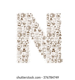 Abstract vector alphabet - N  made from coffee icon 