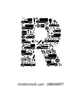 Abstract vector alphabet - R made from car icon - alphabet set