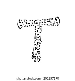 Abstract vector alphabet - T made from music notes - alphabet set