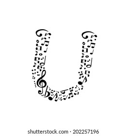 Abstract vector alphabet - U made from music notes - alphabet set