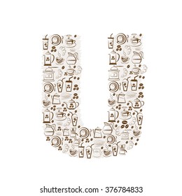Abstract vector alphabet - U  made from coffee icon 