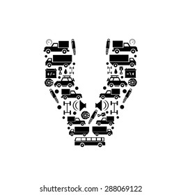 Abstract vector alphabet - V made from car icon - alphabet set