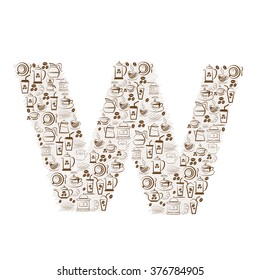 Abstract vector alphabet - W  made from coffee icon 