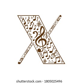 Abstract vector alphabet - X  made from music notes - alphabet set