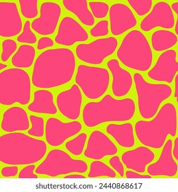 Abstract vector animal seamless pattern. Pink irregular brush spots on green background. Neon avant-garde colors. Simple irregular geometric design.