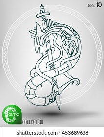 Abstract Vector Animal Symbol, Celtic or Ethnic in Line Art Style. Isolated.