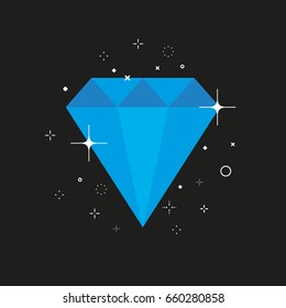 Abstract vector aquamarine diamond isolated on black background. Flat simple icon of jewelry precious stone with star flashes, bursting light bubbles. Blue color beauty object. Jewellery decoration