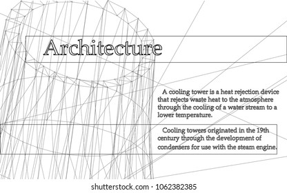 Abstract vector architectural composition with a cooling tower in lines for presentations of printing and paperwork. Black linear drawing text on a white background.