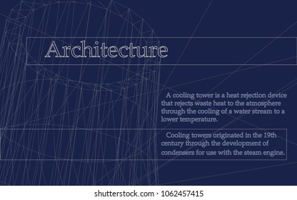 Abstract vector architectural composition with a cooling tower in lines for presentations of printing and paperwork. Light linear drawing text on a dark blue background.
