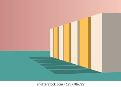 Abstract vector architecture illustration background. Minimal color block geometric retro concept. Pastel colored building layout.