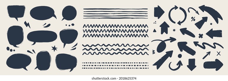 Abstract vector arrows, bubbles, and strokes. Various doodle elements for presentations and infographics with grunge texture. Hand-drawn abstract vintage infographic Vector collection.