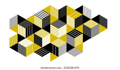 Arte vectorial Abstractas con fondo geométrico de cubos isométricos 3D, bloques de arte op con diferentes formas aisladas, Diseño gráfico poligonal, tema cúbico.