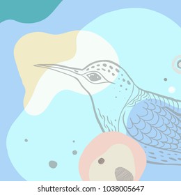 Abstract vector art background of composition texture with creative artistic naive style, bird silhouette, colorful elements and shapes for your design, presentation, package, poster, decoration.