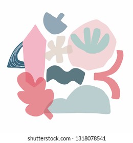 Abstract vector art background of composition texture with pastel shapes and creative artistic naive style, colorful elements and shapes for your design, presentation, package, poster, decoration.