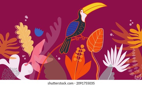 Abstract vector art background of composition texture and creative artistic naive style, colorful tropical elements and bird for your design, presentation, package, poster, decoration.