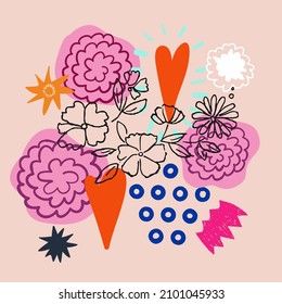 Abstract vector art background of composition texture with creative artistic naive style, foliage and flowers, colorful elements and shapes for your design, presentation, package, poster, decoration.