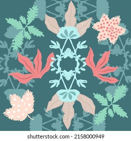 Abstract vector art background of composition texture with creative artistic naive style, foliage and flowers, colorful elements and shapes for your design, presentation, package, poster, decoration.