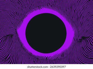 Abstract vector art of black and purple wavy lines radiating from a central black hole, utilizing a modern op-art style that’s currently popular in digital and graphic design trends.
