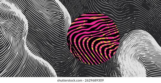 Arte vectorial Abstractas con líneas onduladas en blanco y negro que forman un fondo dinámico, con una esfera rosa audaz con un patrón de rayas a juego, creando un efecto visual llamativo y moderno.