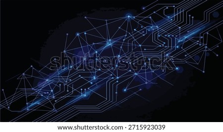 Abstract vector art design showing interconnected nodes forming a technological network alongside glowing circuit pathways on a deep black background. This graphic is ideal for themes related to computing, AI, big data visualization, and future electronic systems. Fully scalable EPS illustration.
