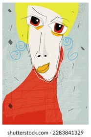 Abstract vector art, drawing doodle and paint human faces. Illustration minimal geometric shapes. Cartoon person portrait. Modern contemporary art, graphic design for artwork, poster, cover background