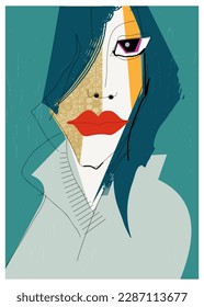Abstrakte Vektorkunst, doodle zeichnen und menschliche Gesichter malen. Illustration minimale geometrische Formen. Cartoon Person Porträt. Moderne zeitgenössische Kunst, Grafikdesign, Poster, Deckenhintergrund