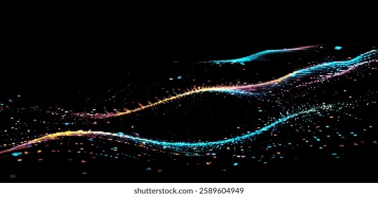 Abstract vector art features vibrant, undulating waves of multicolored particles against a dark background, creating a dynamic sense of movement and depth. Perfect for tech-themed designs.