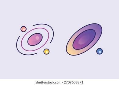 Abstract vector art featuring two galaxies and planets on lightpurple background