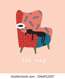 Abstract Vector Art with Funny  Black Cat. Hand Drawn Happy Dog Sleeping on a Colorful Easy Chair. Lovely Illustration for Cats Lovers. Handwritten Lil Nap. 