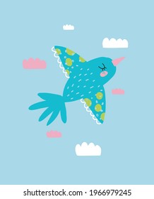 Abstract Vector Art with Funny  Blue Bird. Cute Hand Drawn Bird Flying on a Light Blue Cloudy Sky. Lovely Nursery Illustration ideal for Wall Art, Card, Poster, Kids Room Decoration. 