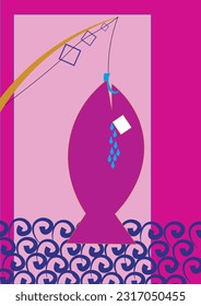 Abstract vector art. Vector abstract illustration. Geometric illustration of a fish caught on a fishing hook. Fish, decorative, geometric, colorful. Fish, sea, waves, tears, animal, ocean.