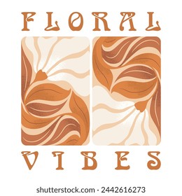 Ilustración abstracta del arte del vector con la composición de las flores dibujadas a mano y las vibraciones florales de las letras aisladas sobre fondo blanco. Diseño floral moderno para la impresión de la camiseta, tarjeta o impresión del cartel