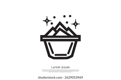 An abstract vector art presents a minimalist shopping basket icon featuring mountain shapes with stars and dots, set on a transparent background.