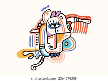 Abstract vector art reminiscent of Picasso's Cubism, portraying human facial portraits with bold black lines.