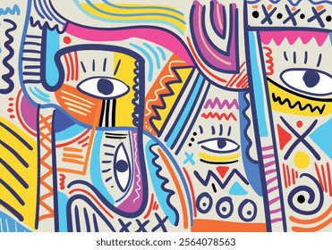 Abstract vector art reminiscent of Picasso's Cubism, portraying human facial portraits with bold black lines.
