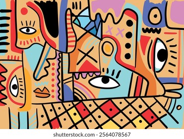 Abstract vector art reminiscent of Picasso's Cubism, portraying human facial portraits with bold black lines.