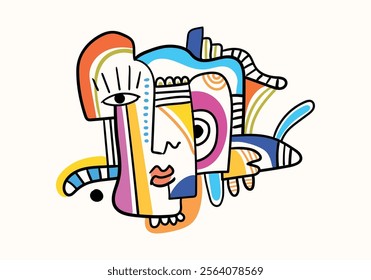 Abstract vector art reminiscent of Picasso's Cubism, portraying human facial portraits with bold black lines.