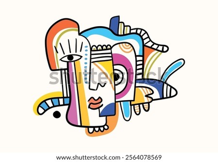 Abstract vector art reminiscent of Picasso's Cubism, portraying human facial portraits with bold black lines.