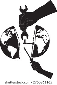 Abstract vector art shows hands manipulating tools to mend a fractured planet. Ideal for business solutions or global repair initiatives.