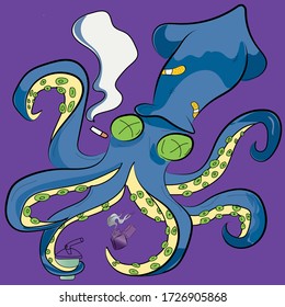 abstract vector art of a squid with a blue, yellow and green color palette