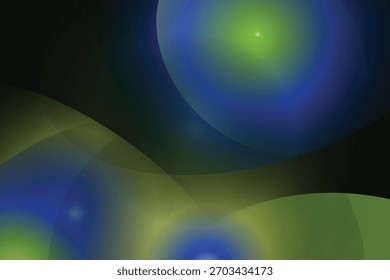 Arte vetorial abstrata com formas de gradiente girando em azul e verde, apresentando efeitos de luz brilhante e um fundo escuro.
