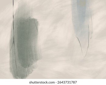 Arte vetorial abstrata com pinceladas texturizadas em sábio silenciado e azul suave, adornado com linhas delicadas. Simboliza contemplação serena e fluidez natural em uma estética moderna.