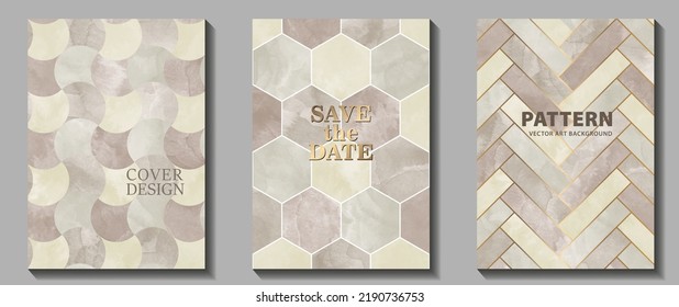Abstract vector art watercolor background for brochure, flyer, cards, poster, banner, and cover design. Hand draw premium luxury set. Modern pastel colors and gold pattern. Stone decor collection.