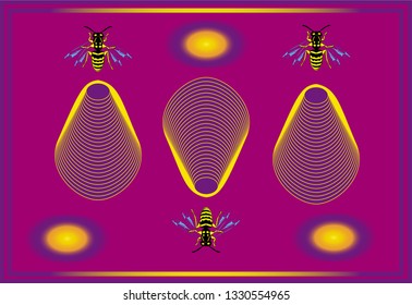 An abstract vector art work with bees and oval shapes in yellow and violet colors.