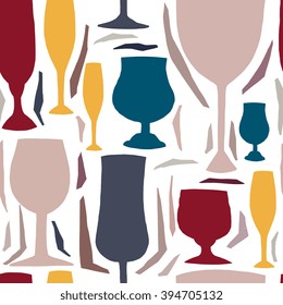 Abstract vector artsy seamless pattern, multicolor wine glasses. Concept for bar menu, party, wine list, flyer, brochure, poster, banner. Trendy modern design. Hand drawn unique pattern elements.