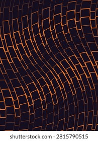 Abstract vector artwork with bent orange lines forming wave effect, architectural brick structure with perspective distortion