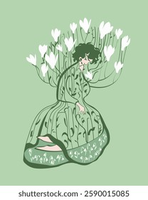 Abstract vector artwork. Figure of a woman in the shape of a magnolia tree. Blooming magnolia tree, blooming natural beauty, fashion illustration
