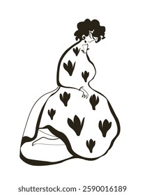 Abstract vector artwork. Figure of a woman in the shape of a magnolia tree. Black and white linear illustration. natural beauty, fashion illustration