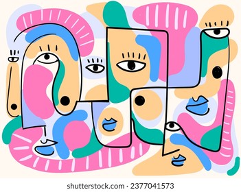 Abstract vector artwork inspired by Picasso's Cubism, featuring portraits of human faces. These hand-drawn designs use bold lines and a black color palette, making them suitable for wall art, posters,